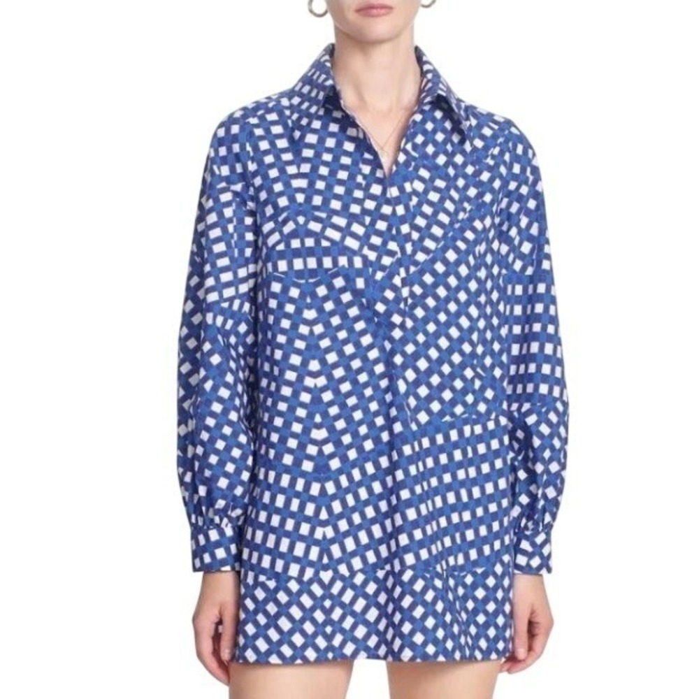 Corie Lynn Calter Anthropologie Shadi Sea Blue Checked Lagenlook Dress Tunic S
